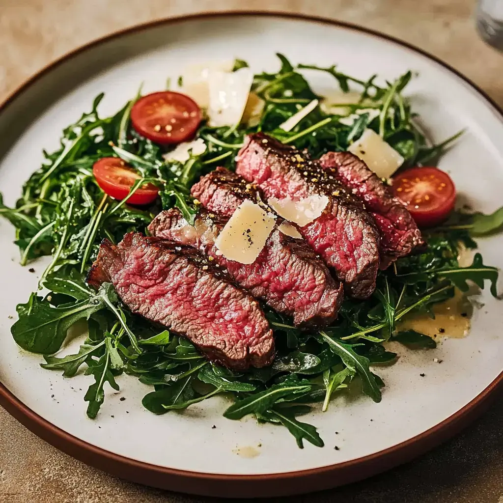 Un délicieux plat avec de la roquette, des tranches fines de viande juteuse, du parmesan et des tomates.