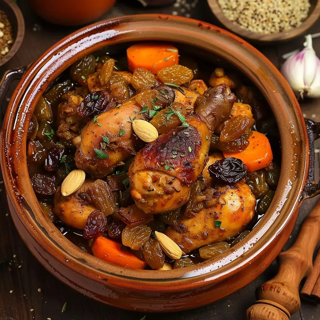 Un tajine de poulet avec des amandes, raisins et abricots, servi dans un plat marocain coloré.