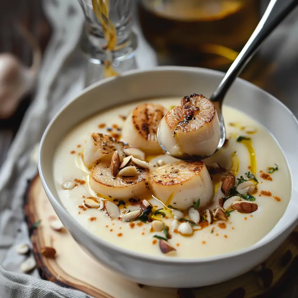 Une assiette généreuse de velouté décorée de Saint-Jacques dorées avec une touche de noisettes croquantes.