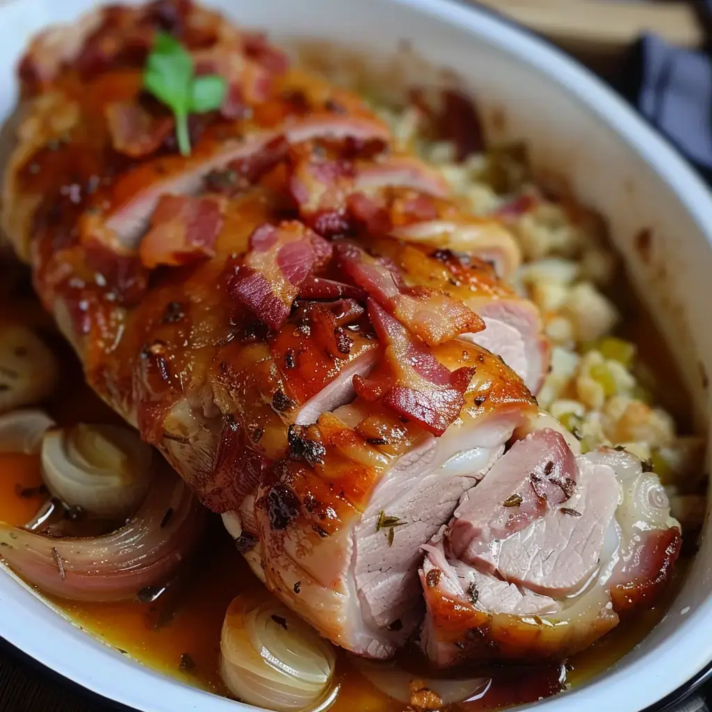 Un rôti de porc juteux entouré de tranches de lard, servi avec des légumes et des échalotes légèrement dorées.