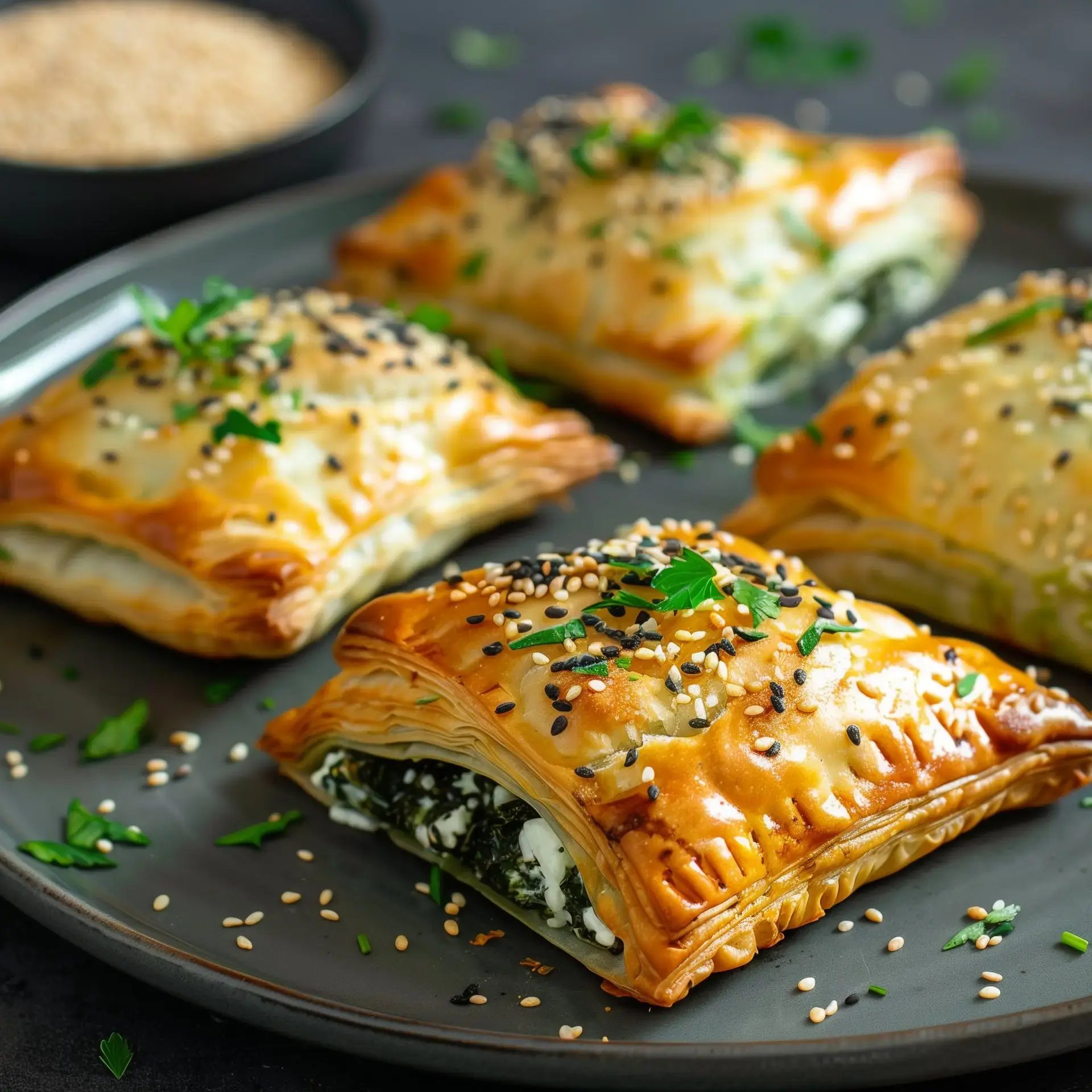 Une assiette de feuilletés croustillants aux épinards et au fromage, saupoudrés de graines de sésame.