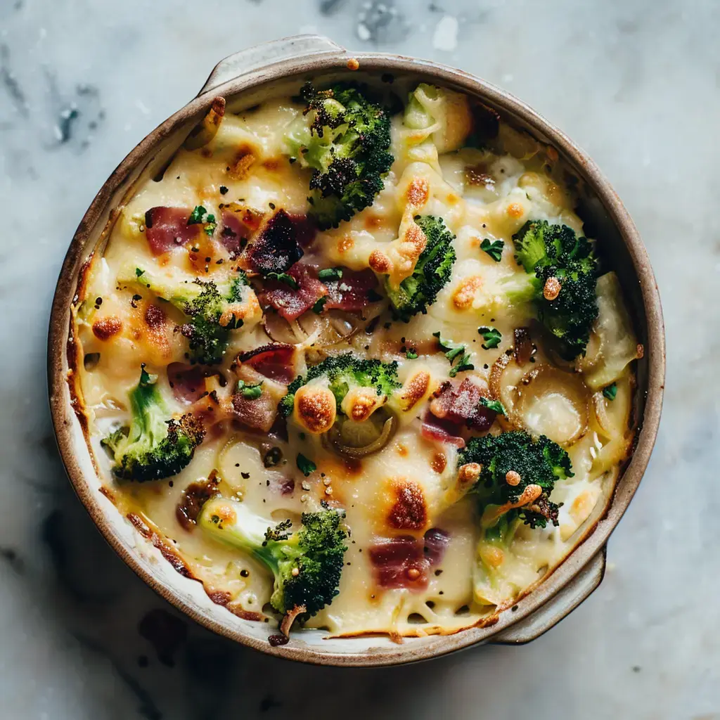 Plat au four avec du brocoli, du fromage fondu doré, et des morceaux de jambon dans une jolie céramique.