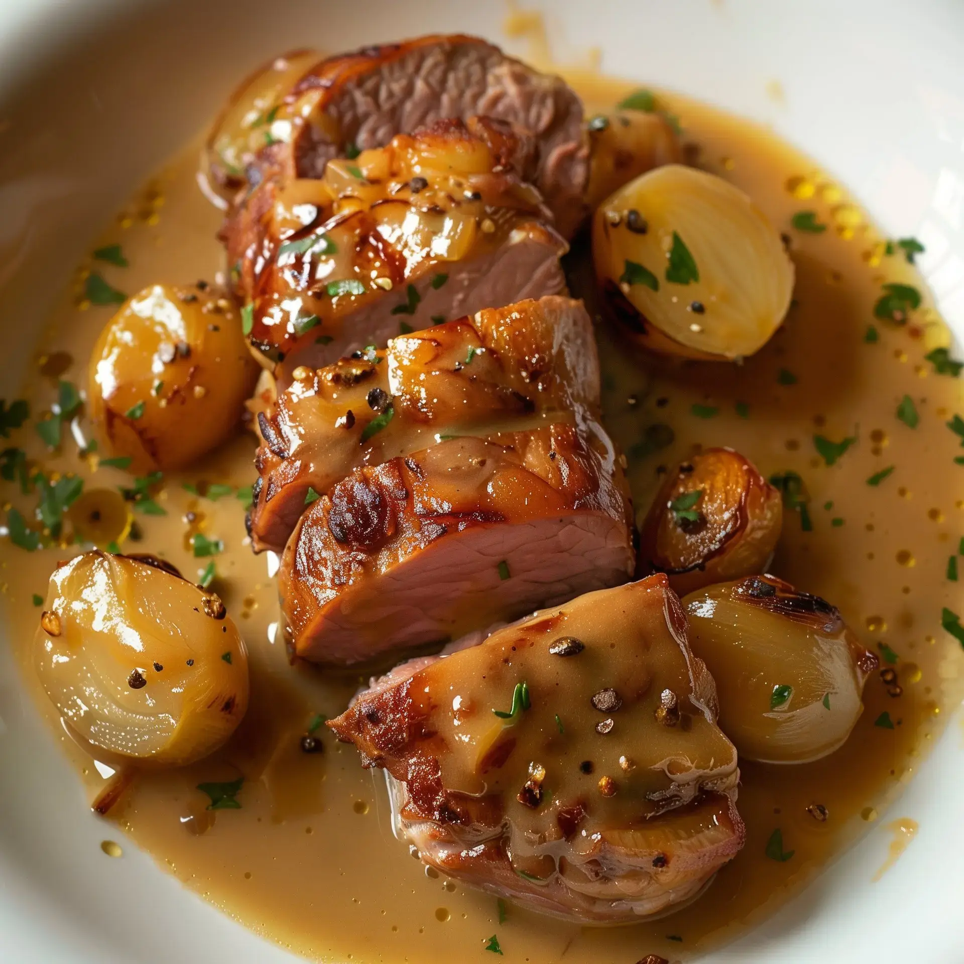 Un plat généreux avec de la viande dorée et des oignons fondants, servi dans une délicieuse sauce.