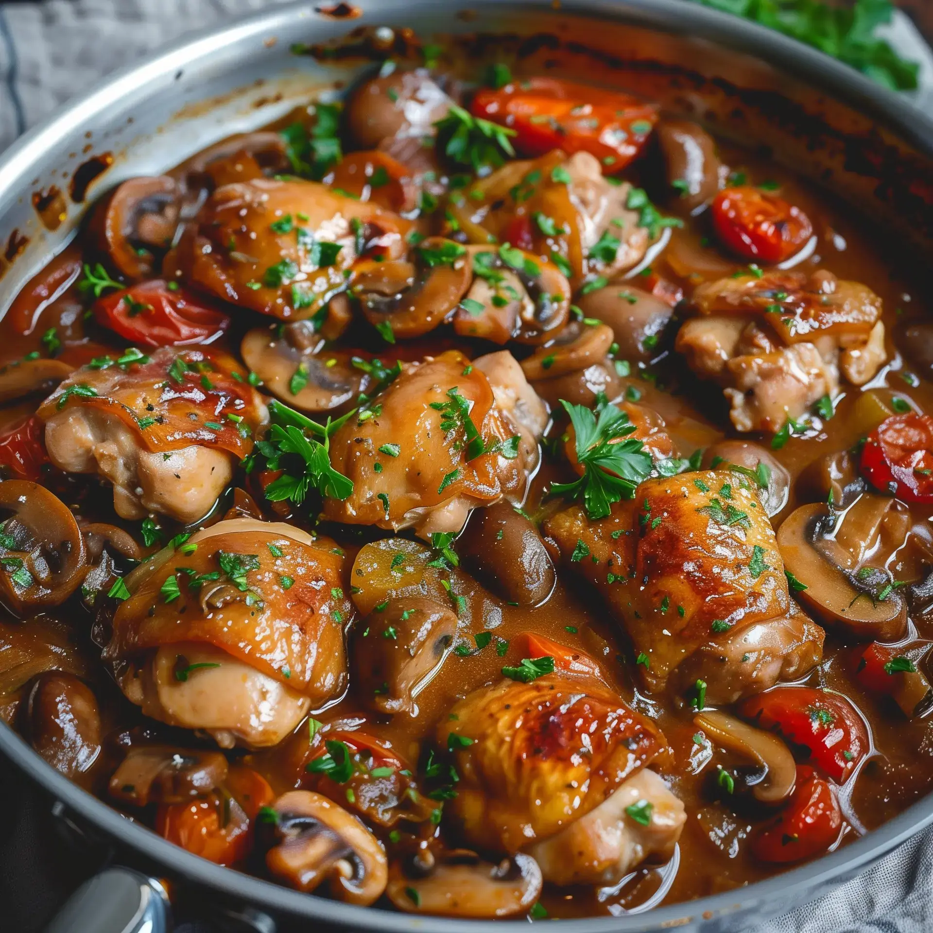 Des cuisses de poulet riches en goût avec une sauce crémeuse et des légumes savoureux.