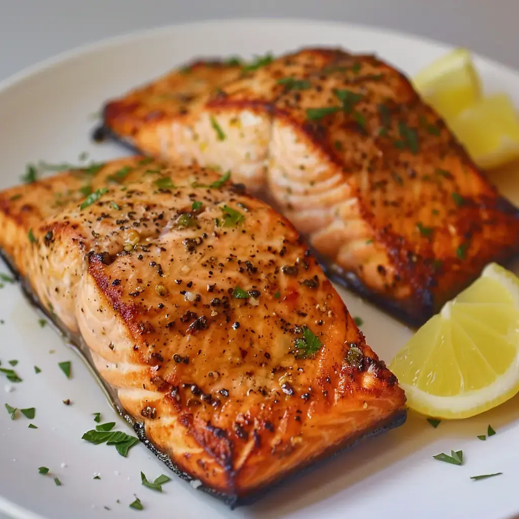 Deux pavés de saumon dorés, épicés, garnis de fines herbes avec des tranches de citron en accompagnement.