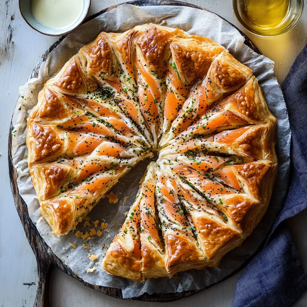 Une tarte soleil feuilletée au saumon fumé garnie de graines noires, présentée sur une planche avec des parts prêtes à être savourées.