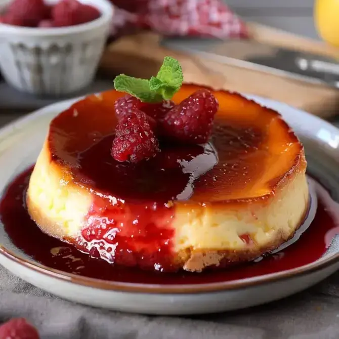 Un dessert crémeux accompagné de fruits rouges et décoré d'une feuille de menthe sur une assiette.