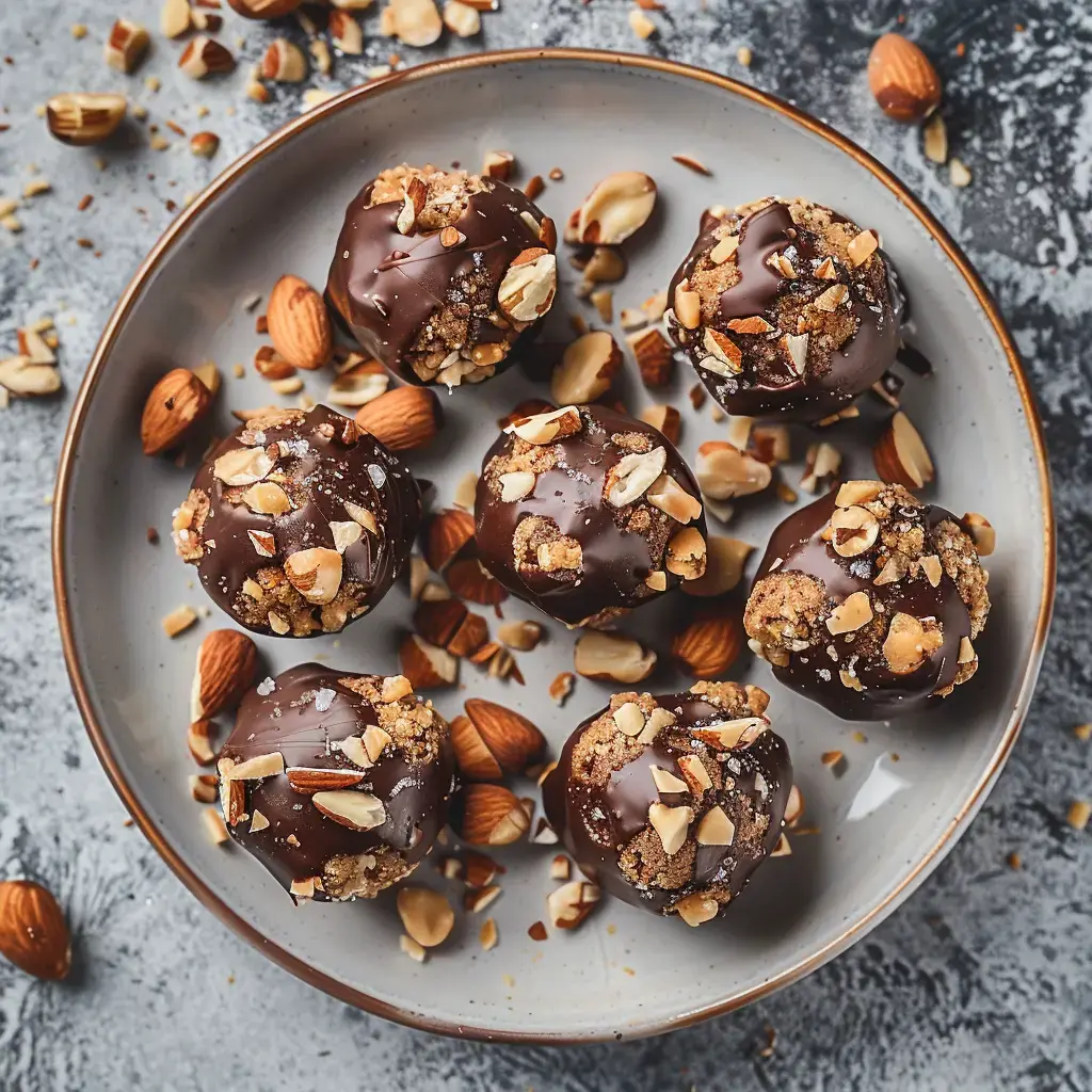 Appétissants chocolats maison garnis d'amandes, joliment présentés sur une assiette avec des éclats de fruits secs éparpillés.