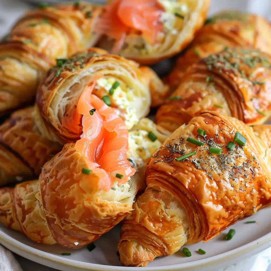 Mini croissants dorés remplis de saumon fumé et fromage, décorés de ciboulette.