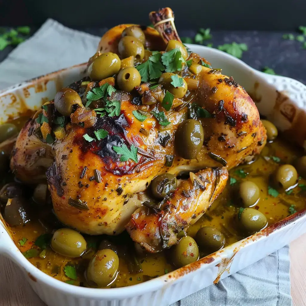 Poulet rôti avec olives vertes et coriandre dans un plat de service.