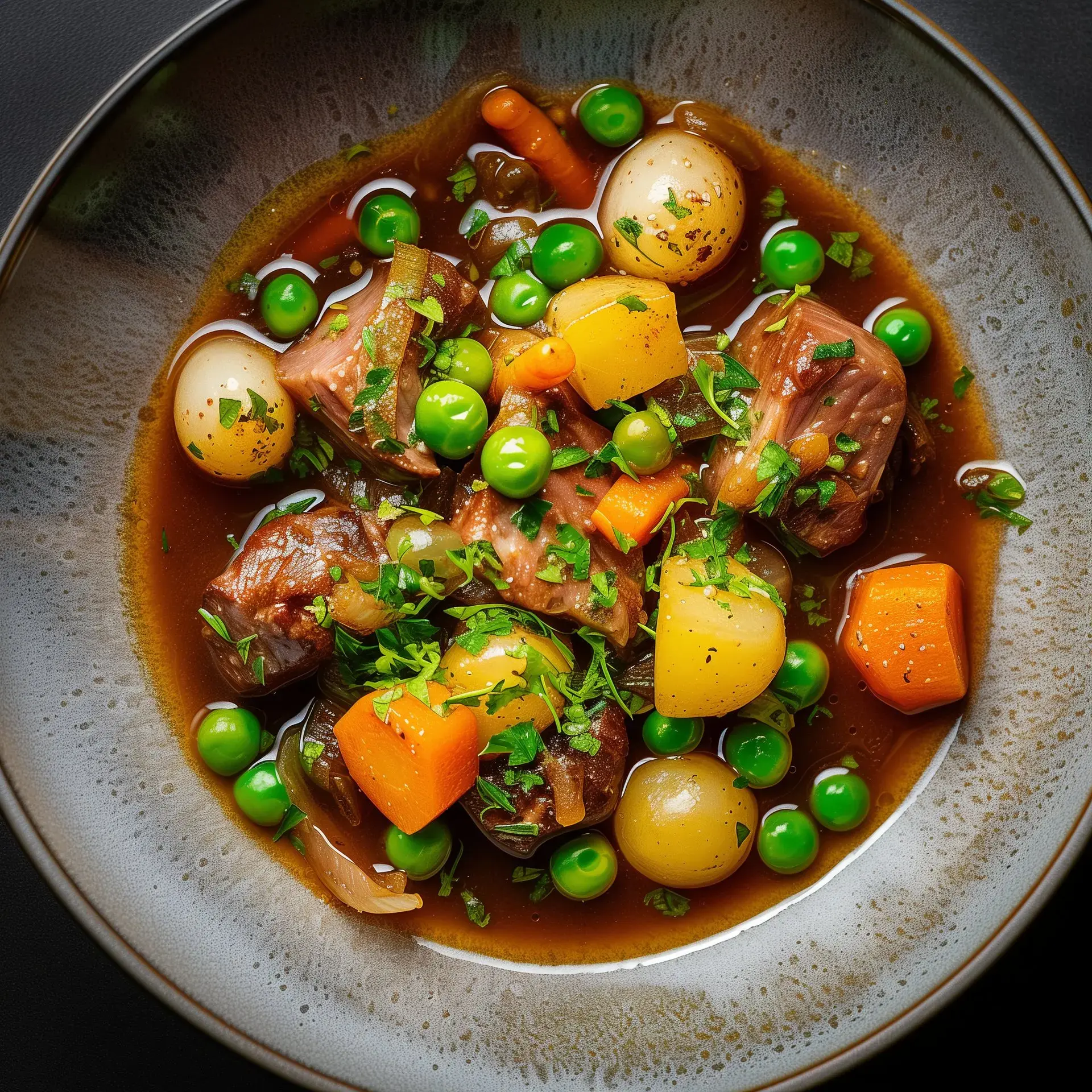 Un ragoût à base d'agneau et de légumes comme des pois, carottes, pommes terre et oignons dans un bouillon irrésistible.