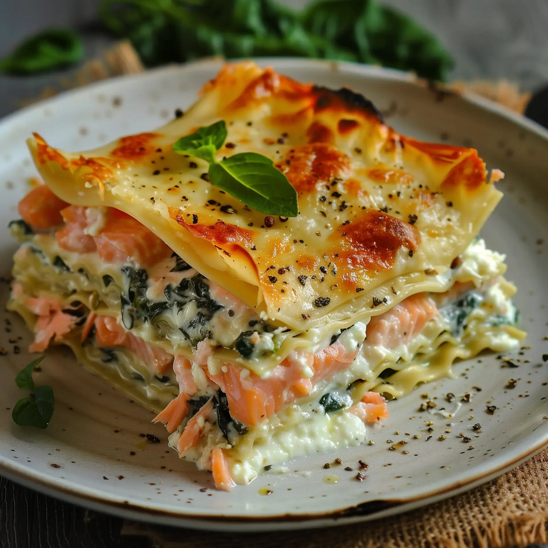 Savoureuses lasagnes au saumon et épinards avec du fromage gratiné et une touche de basilic.