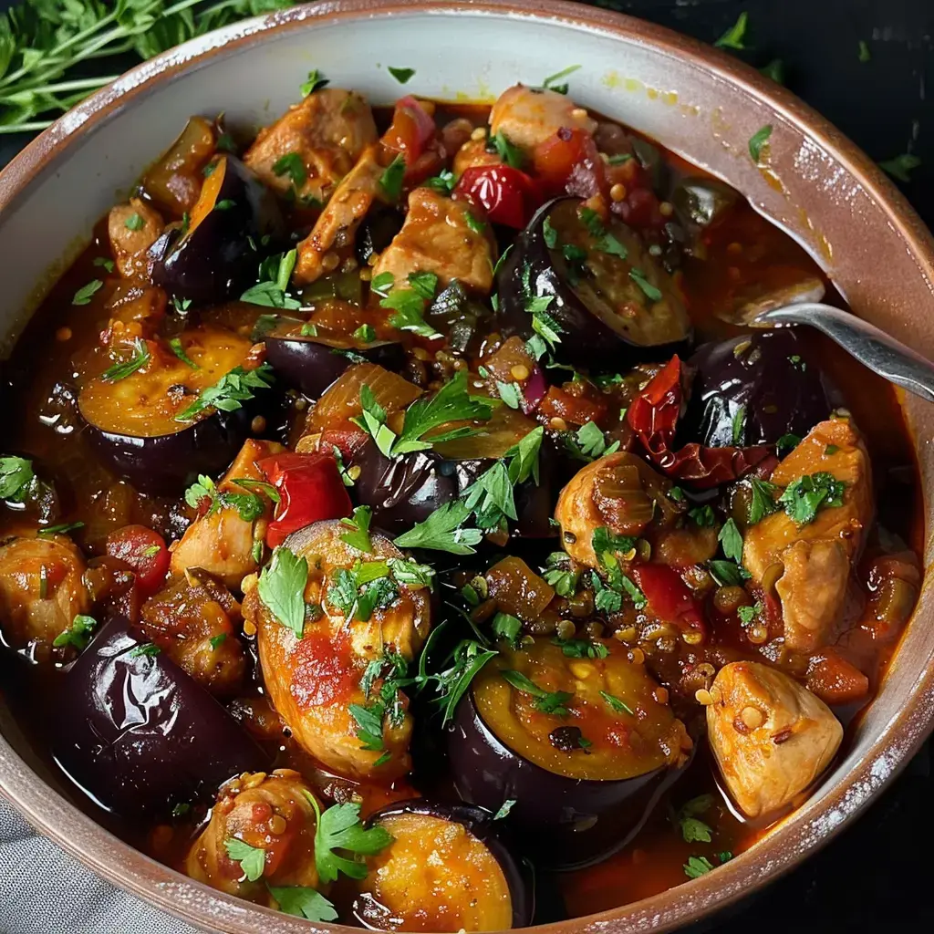 Assiette de poulet mijoté avec aubergines, tomates, et une touche de coriandre dans une sauce savoureuse.