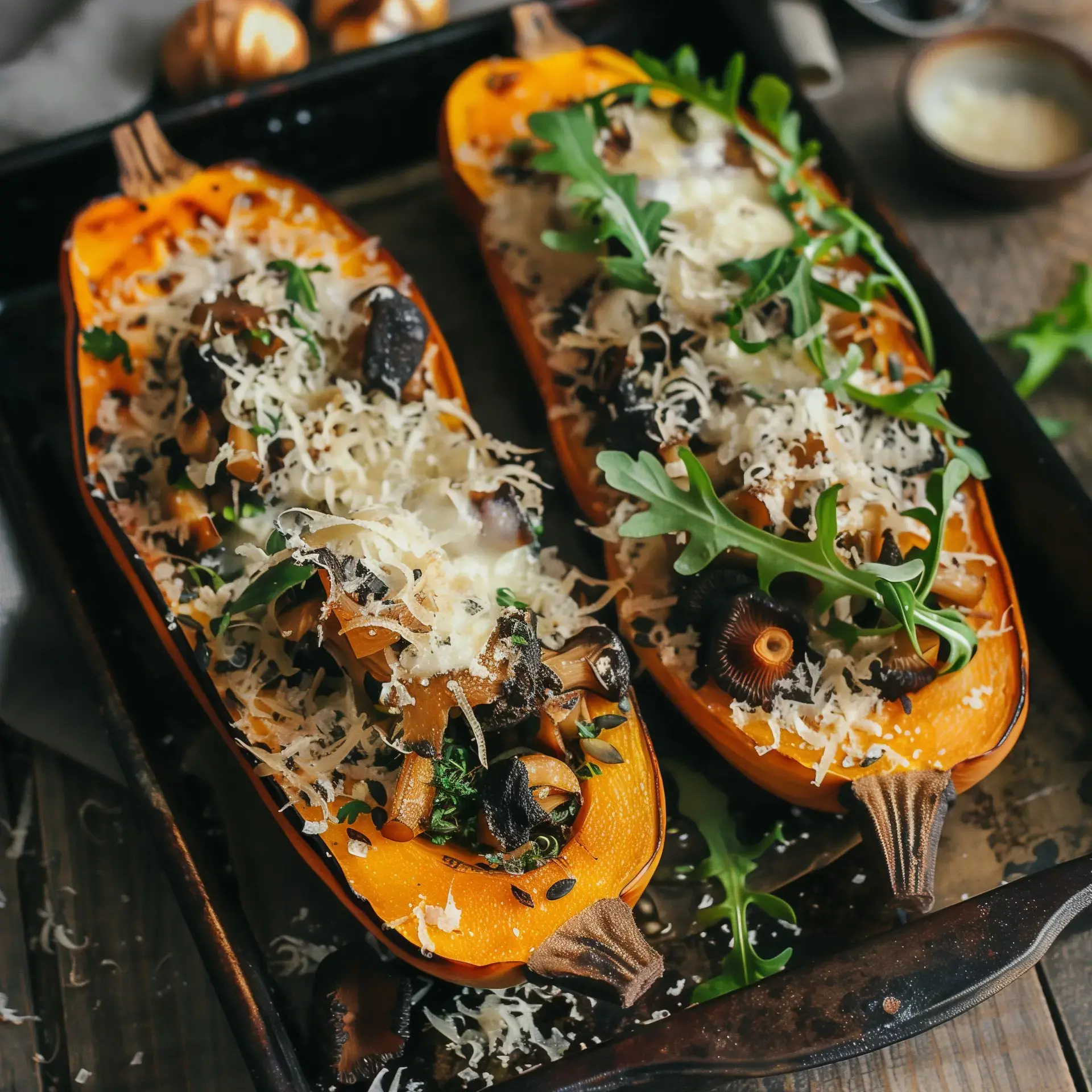 Deux morceaux de courge butternut garnis de champignons, de fromage et d’herbes, présentés dans un plat cuit au four.