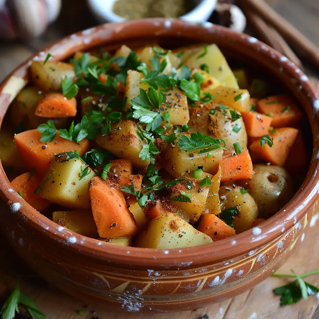 Un tajine présenté dans un plat chaleureux avec des légumes colorés, des épices légères et une touche de persil frais.