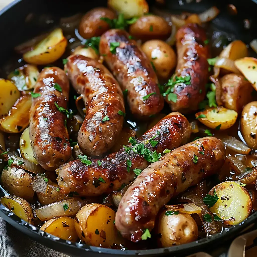 Assiette de saucisses grillées avec des pommes de terre croustillantes et des oignons caramélisés, le tout agrémenté de persil frais.