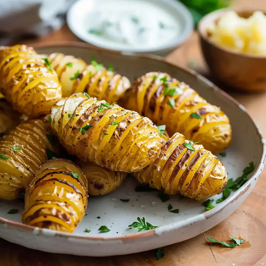 Plateau de pommes de terre rôties en éventail, garnies avec du persil, derrière une sauce blanche prête à servir.