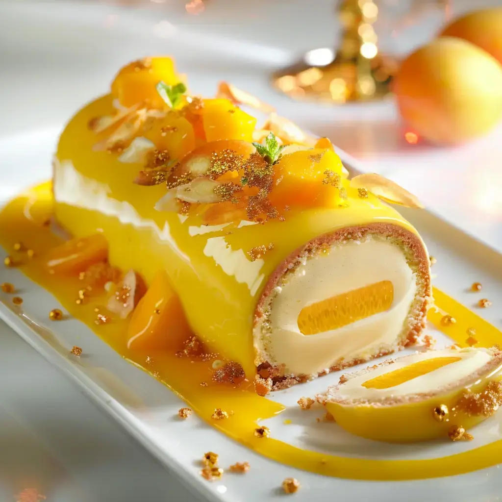 Une bûche gourmande décorée et glacée, avec des fruits exotiques et des amandes, mise en valeur sur une belle présentation.