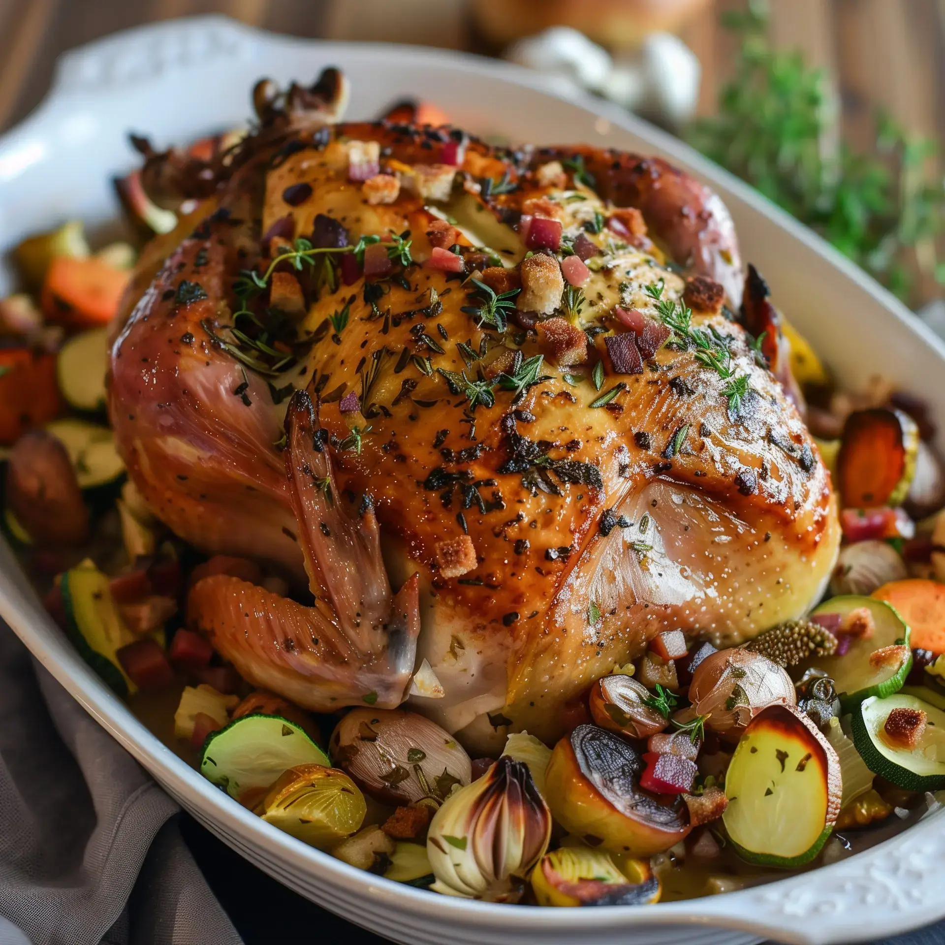 Une dinde magnifiquement cuite, entourée d’herbes aromatiques et de lard croustillant, posée sur des légumes colorés et frais.