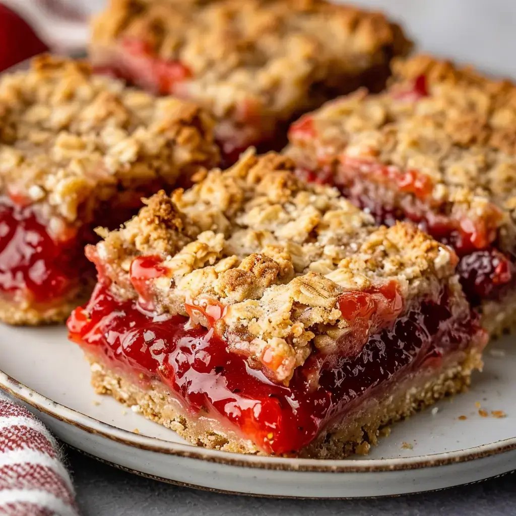 Un goûter fait maison avec des carrés croquants et leur garniture à la fraise.