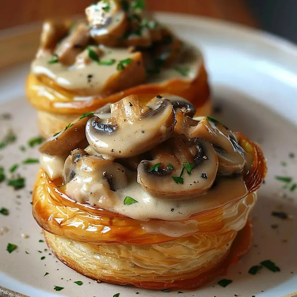 Deux feuilletés croustillants remplis de garniture crémeuse aux champignons, décorés avec du persil, servis sur une assiette.