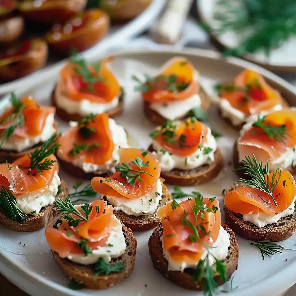 Plateau de petits toasts garnis de fromage crémeux et recouverts de fines tranches de saumon fumé, parés avec des herbes fraîches.