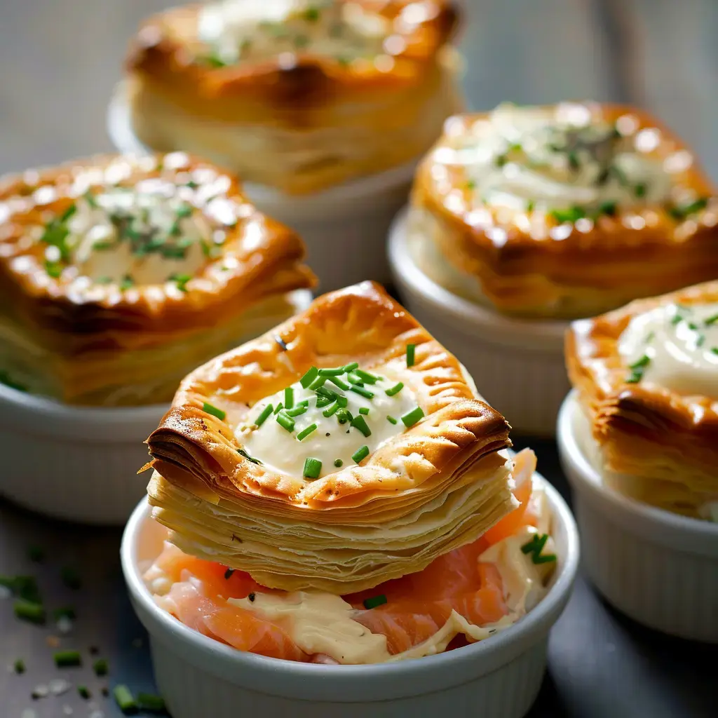 De petites cocottes remplies de préparations feuilletées avec saumon et fromage frais, garnies de ciboulette.