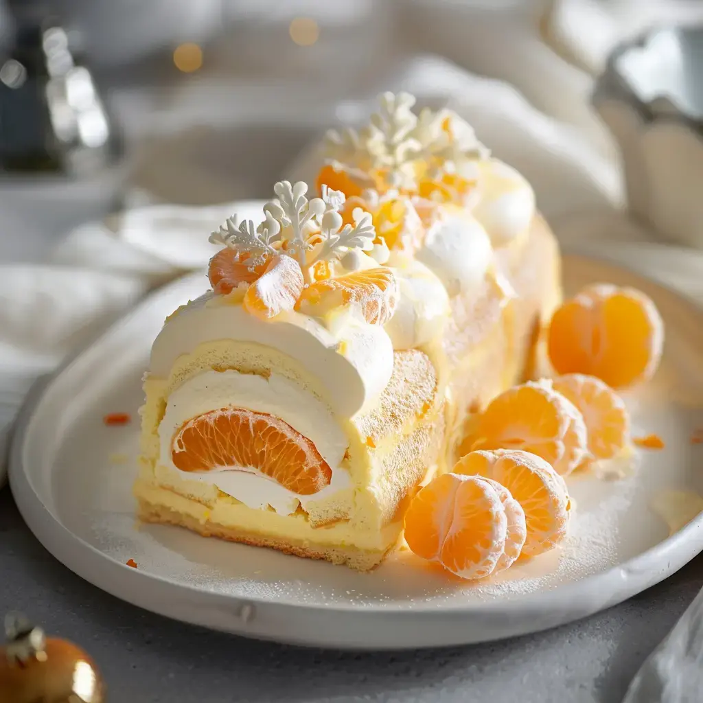 Un dessert de Noël avec crème et clémentine, joliment décoré de flocons en sucre et segments d'agrumes.