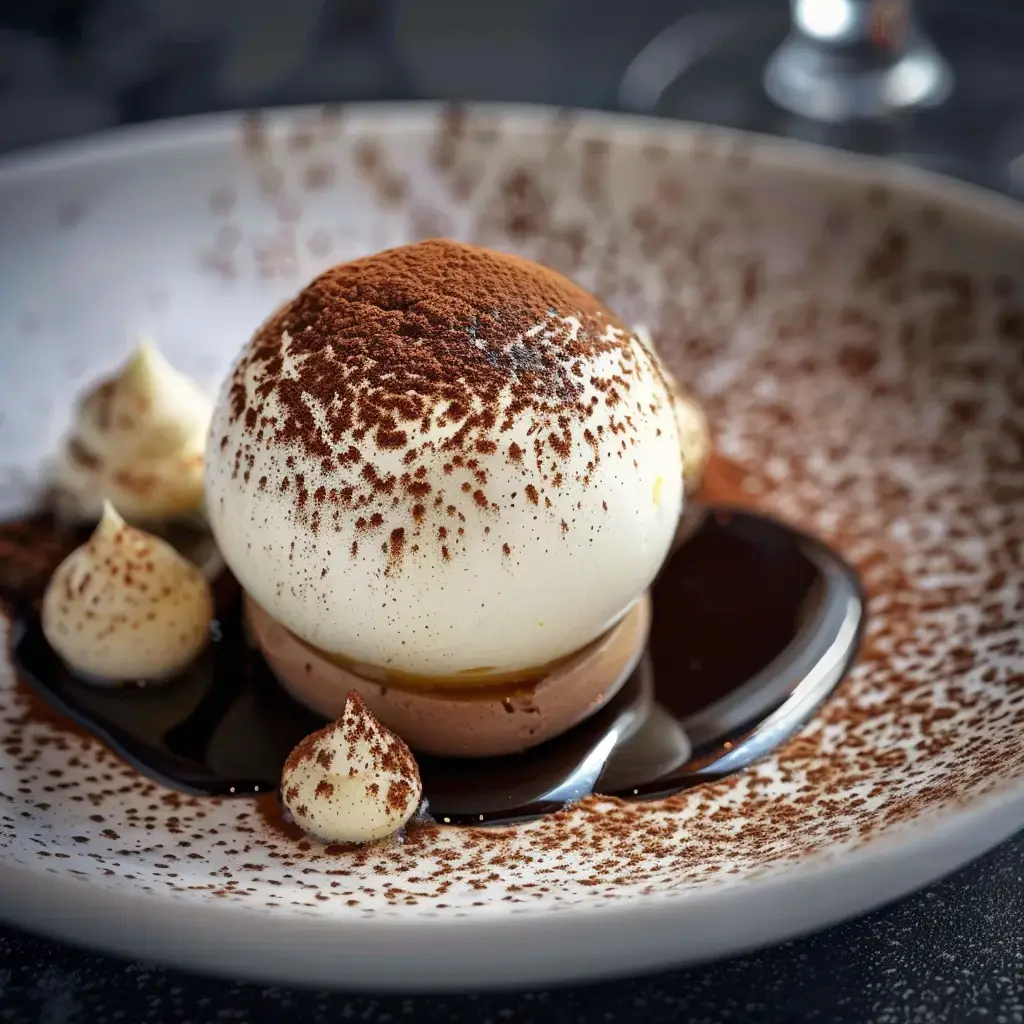 Une sphère glacée élégante saupoudrée de cacao, accompagnée de crème et d'une sauce chocolatée, parfaite pour impressionner.