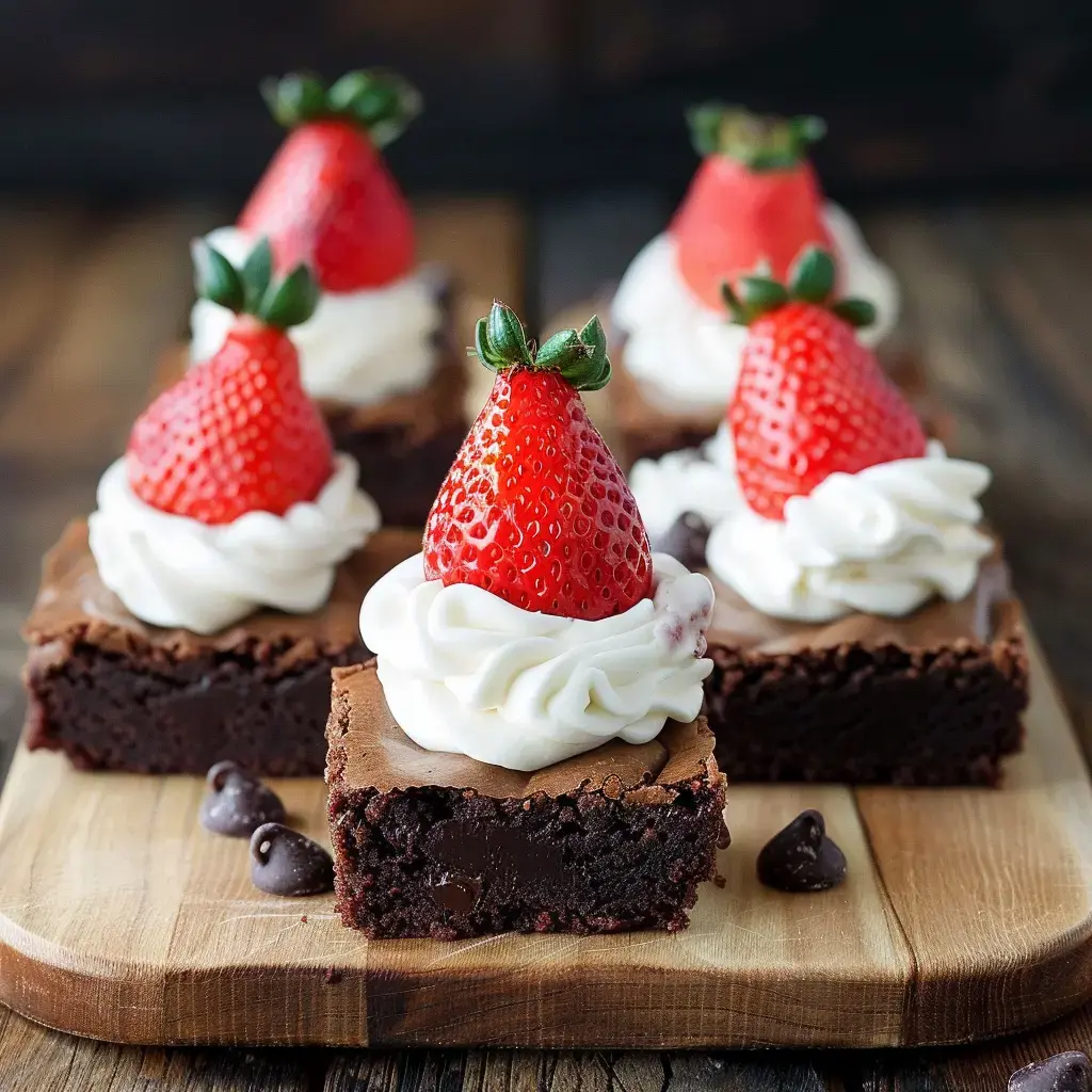 Brownies garnis de crème fouettée et coiffés de fraises rouges, posés sur une planche en bois.