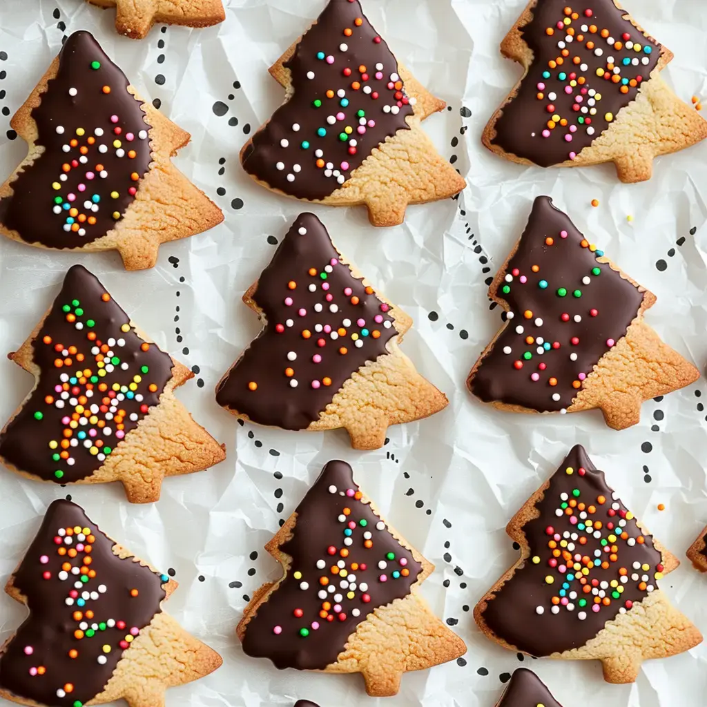 Des biscuits façon sapins garnis de chocolat noir et décorés avec des petites perles colorées.