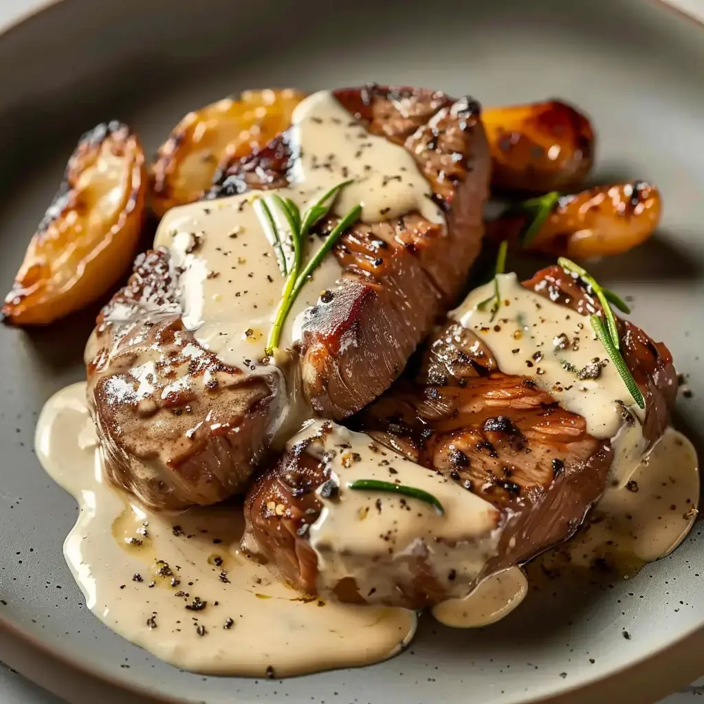 Deux pièces de bœuf parfaitement cuites, nappées d’une sauce crémeuse et accompagnées de quartiers de citron grillés, dans une assiette chic.