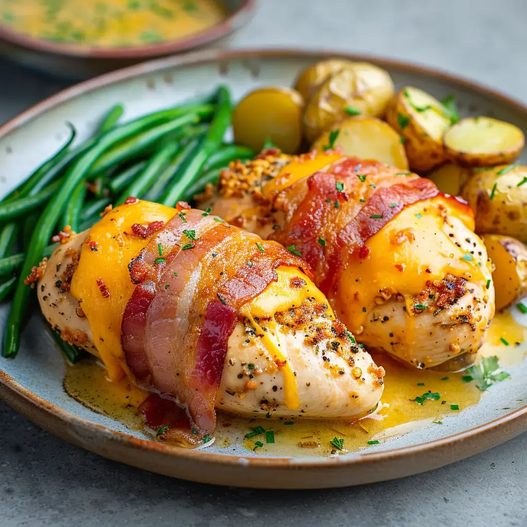 Deux filets de poulet entourés de bacon et garnis de fromage fondant, servis avec des pommes de terre et des haricots verts, joliment présentés sur une assiette.