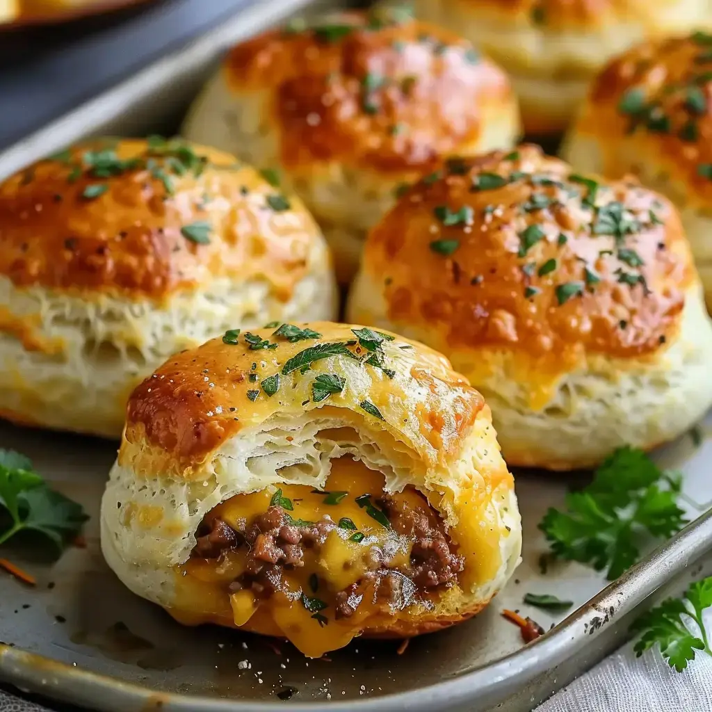 Petites bouchées dorées avec viande hachée et fromage fondant, saupoudrées de persil, sur une plaque de cuisson.