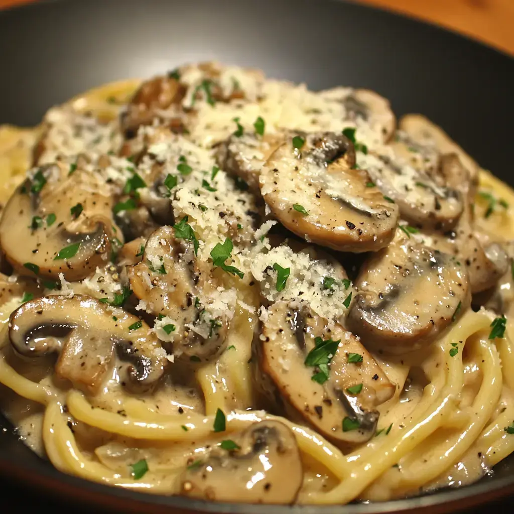 Des morceaux de champignons sautés avec une sauce crémeuse, garnis de persil et de copeaux de parmesan.