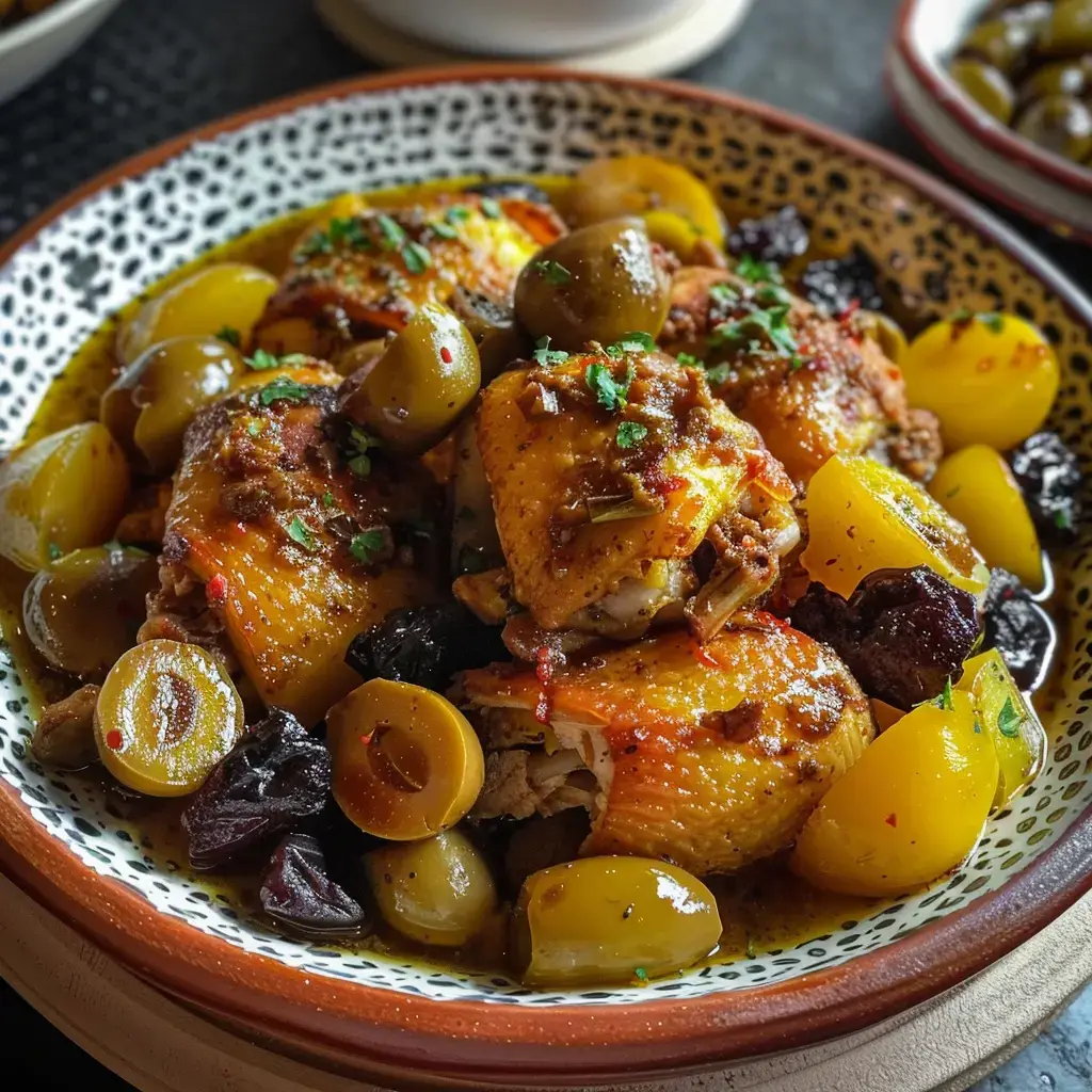 Un tajine marocain avec du poulet, des pruneaux et des pommes de terre dans un plat décoré.