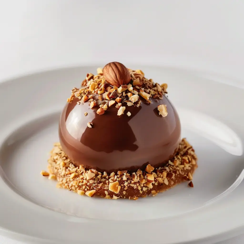 Un somptueux dôme au chocolat, parsemé de noisettes craquantes, posé sur une base pralinée et prêt à régaler.