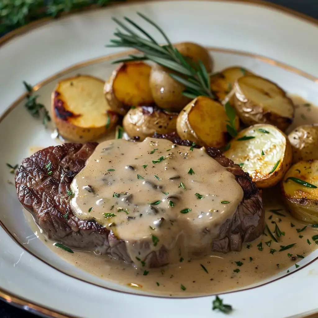 Une assiette raffinée avec un filet de bœuf, des pommes de terre dorées et une sauce onctueuse.