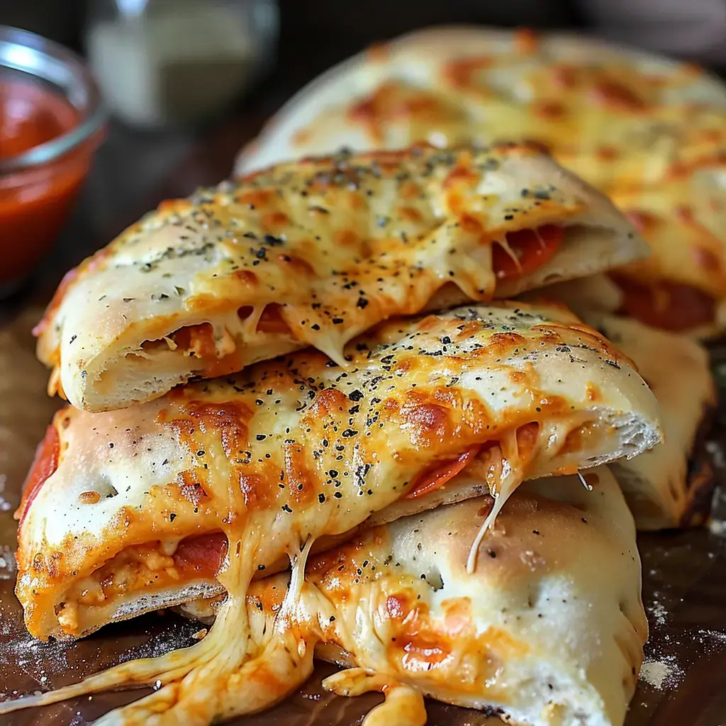 Calzones dorés et fondants avec une sauce marinara, présentés joliment sur une planche en bois.