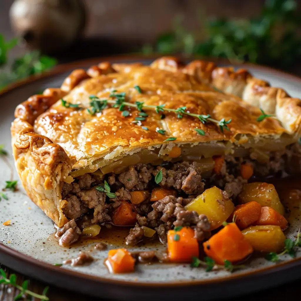 Une délicieuse tourte dorée à base de viande hachée et de légumes, servie avec quelques herbes fraîches pour la touche finale.