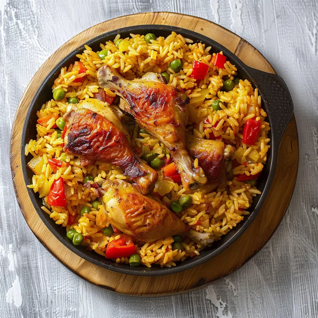 Un délicieux plat de riz doré accompagné de morceaux de poulet juteux, de poivrons rouges et de légumes verts.