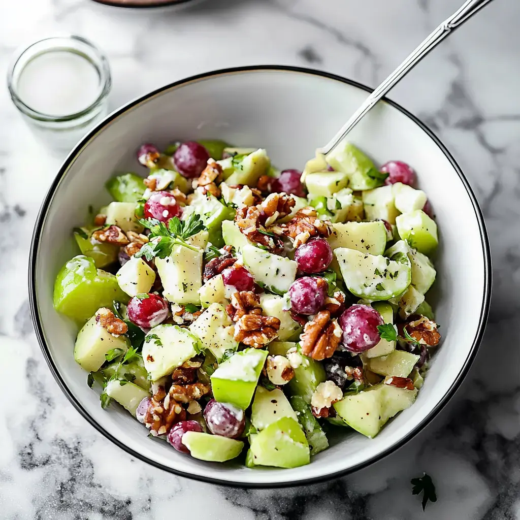 Une belle salade composée avec pommes, raisins, noix de pécan et persil frais mise en valeur dans un bol.