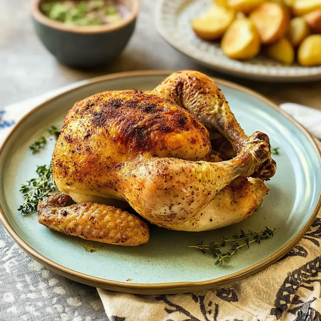 Un délicieux poulet rôti doré servi sur une assiette bleue, décoré avec des herbes fraîches.