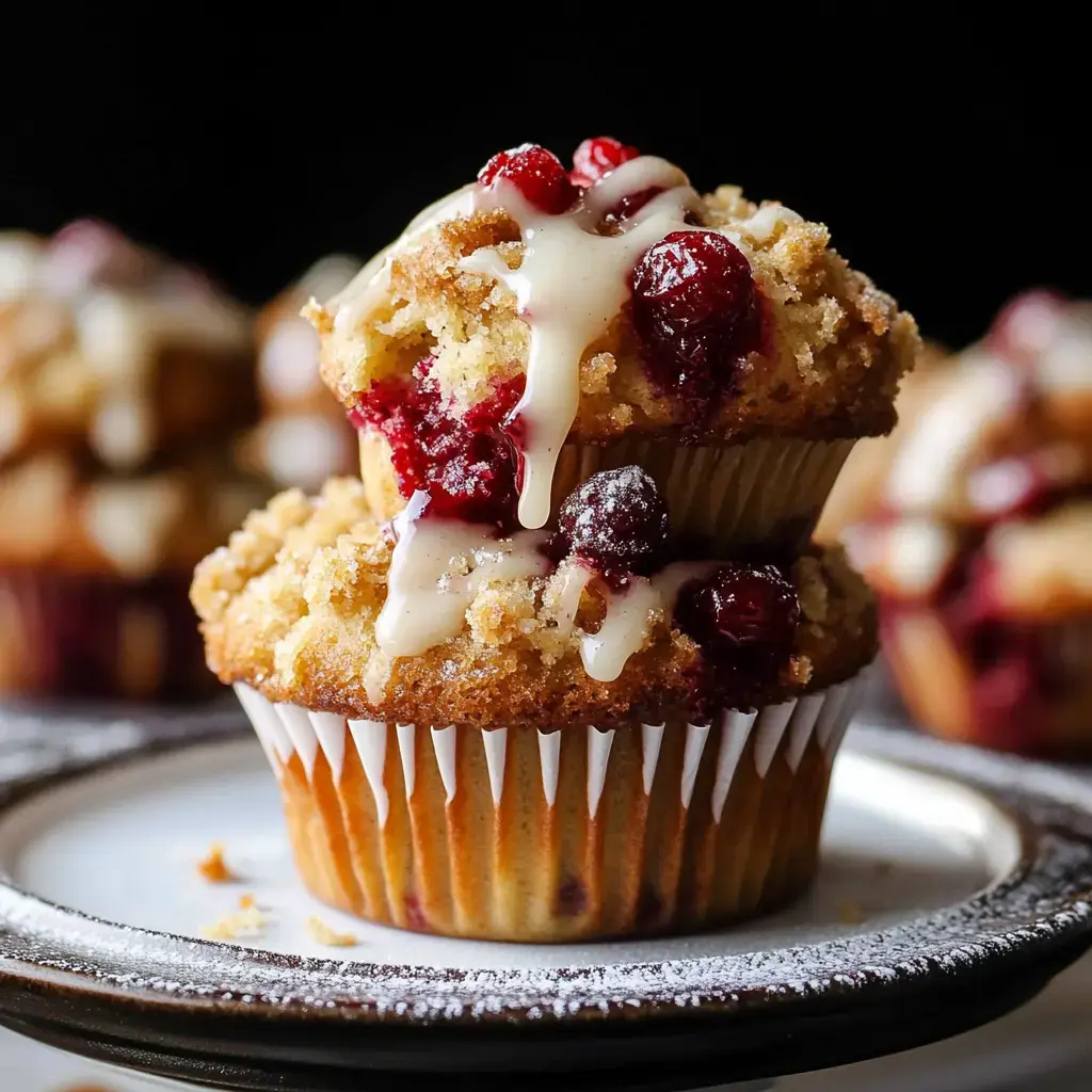 Gros plan sur deux muffins fruités, agrémentés d’un crumble et d’un glaçage appétissant, servis dans une assiette.