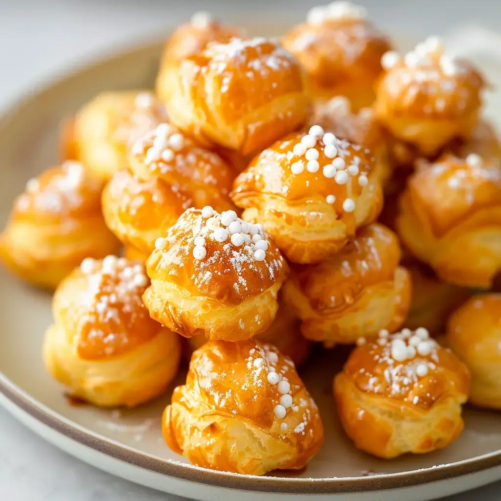 Un joli plat de petits choux dorés recouverts de grains de sucre et saupoudrés de sucre glace.