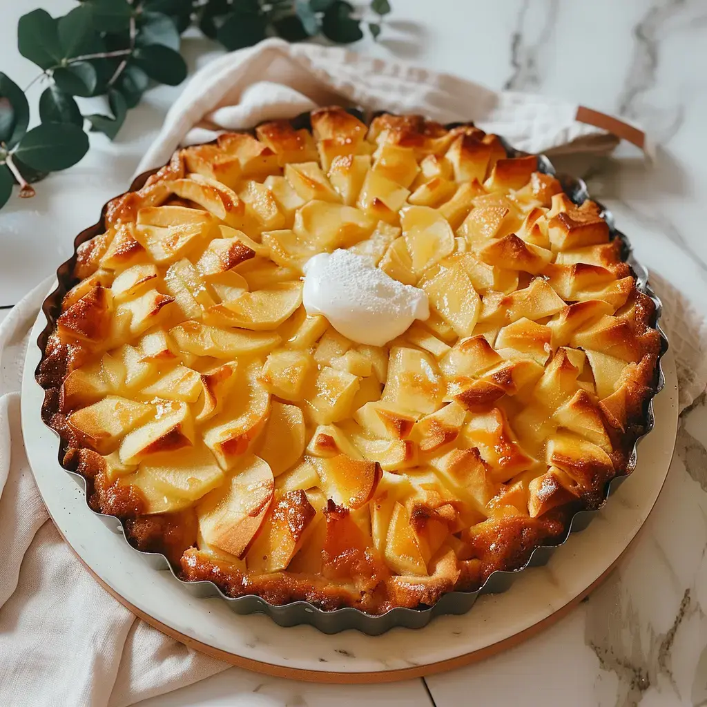 Un merveilleux gâteau aux pommes doré, garni de belles tranches de pommes avec une touche de crème sur le dessus, présenté sur une assiette.