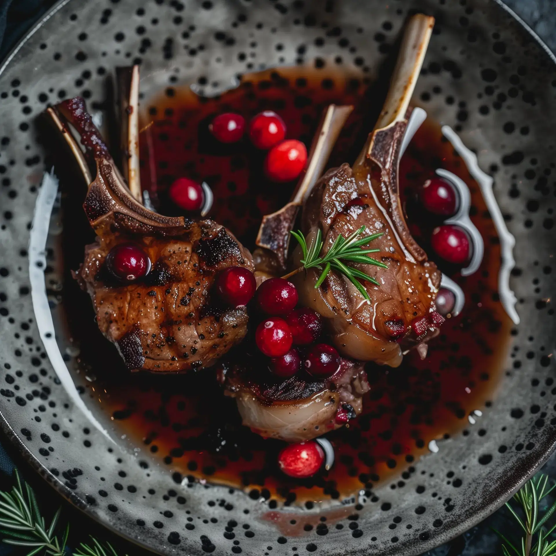 Des côtelettes d'agneau servies sur une belle assiette, garnies de canneberges et arrosées d'une sauce généreuse.