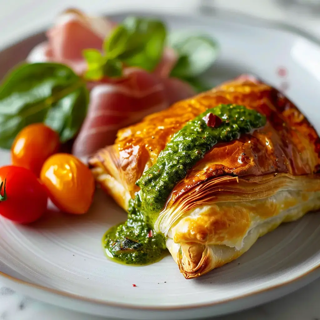 Un feuilleté doré farci de burrata et pesto, servi avec des tomates cerises et une tranche de jambon.