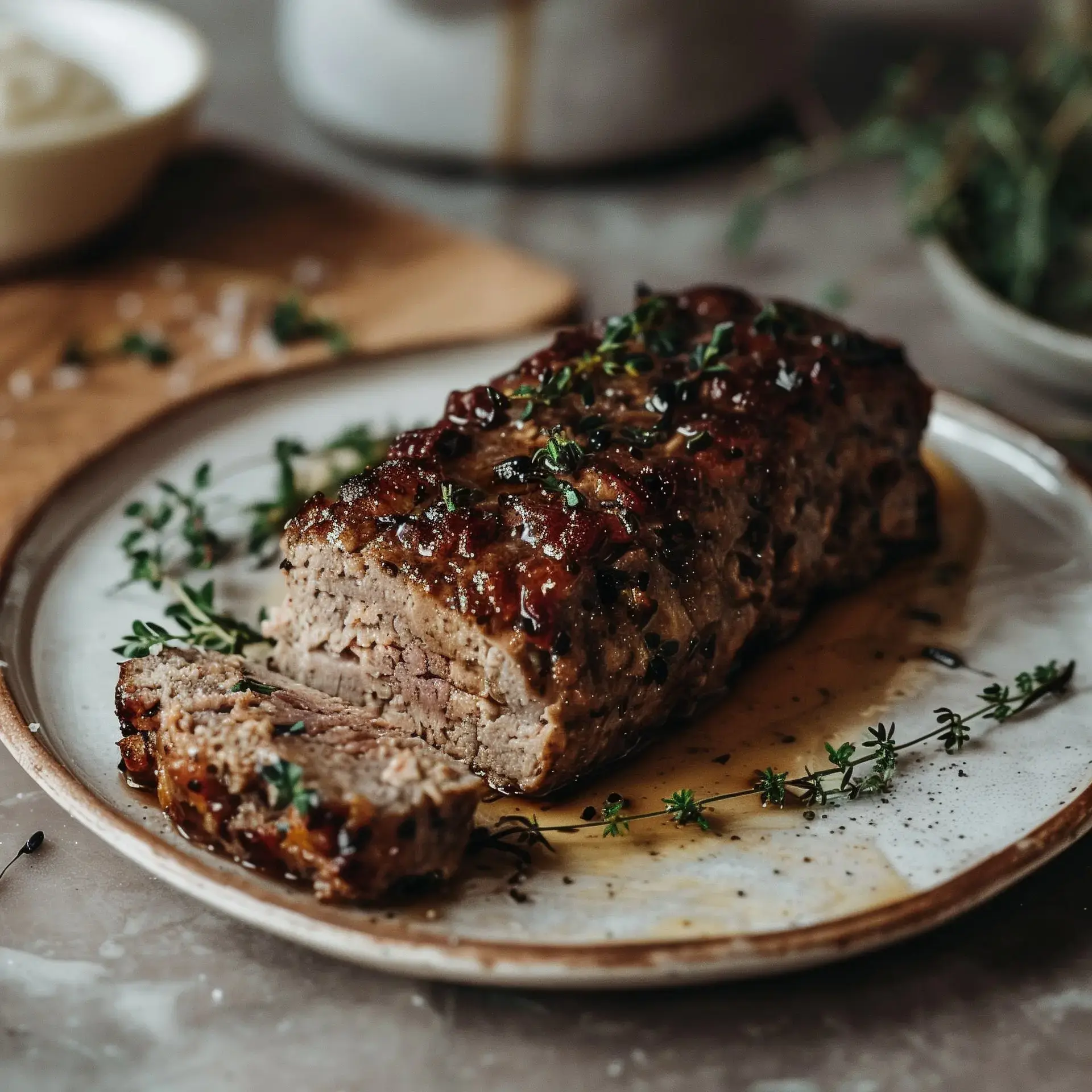 Un plat de terrine de viande garnie d'herbes fraîches et accompagné de sauce, avec une tranche découpée.