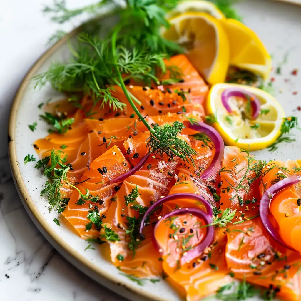 Tranches colorées de saumon garnies de baies, herbes fraîches et morceaux de citron.